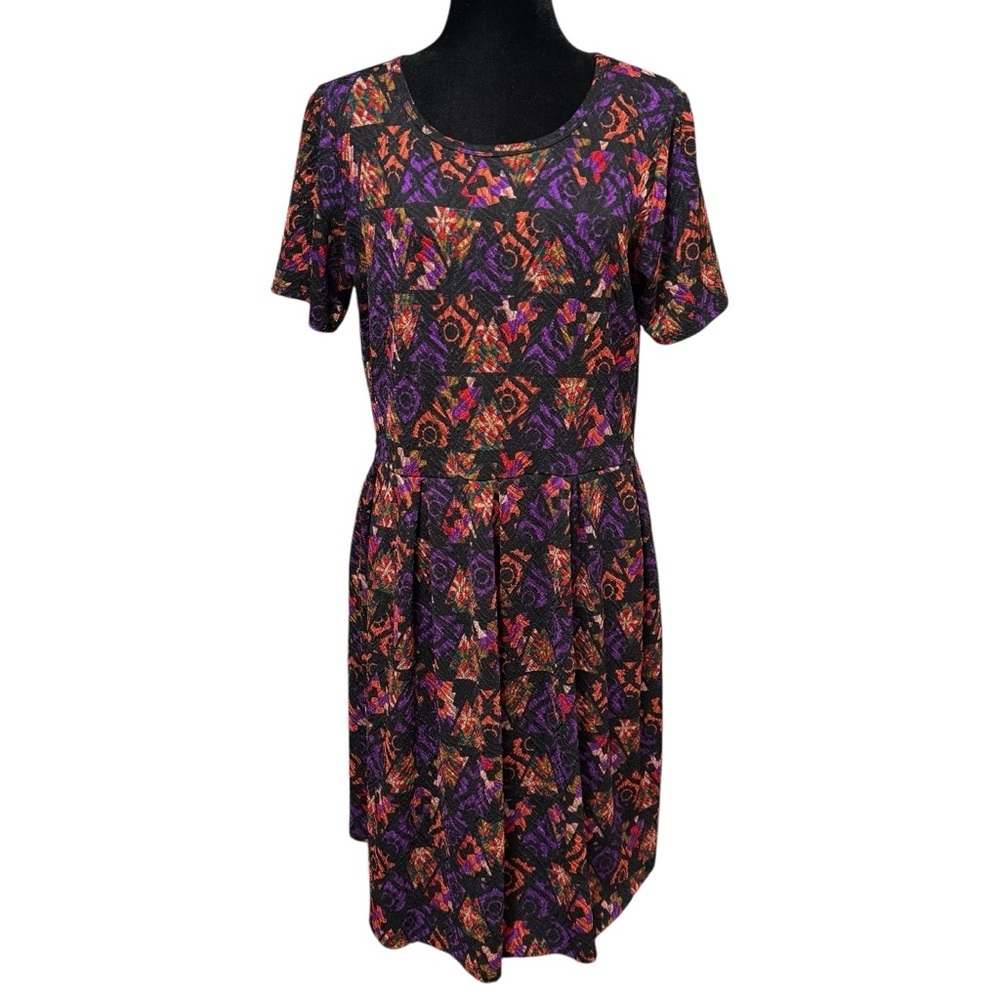 LuLaRoe Tribal Geometric Fit & Flare Dress 2XL Textured Knit Pockets Zip Back